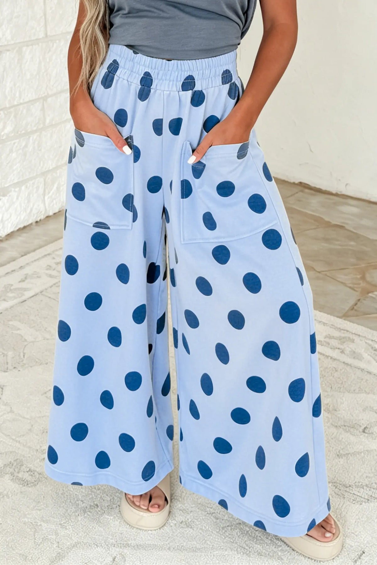 Sky Blue Polka Dot Wide Leg Elastic Waist Casual Pants – Light Blue