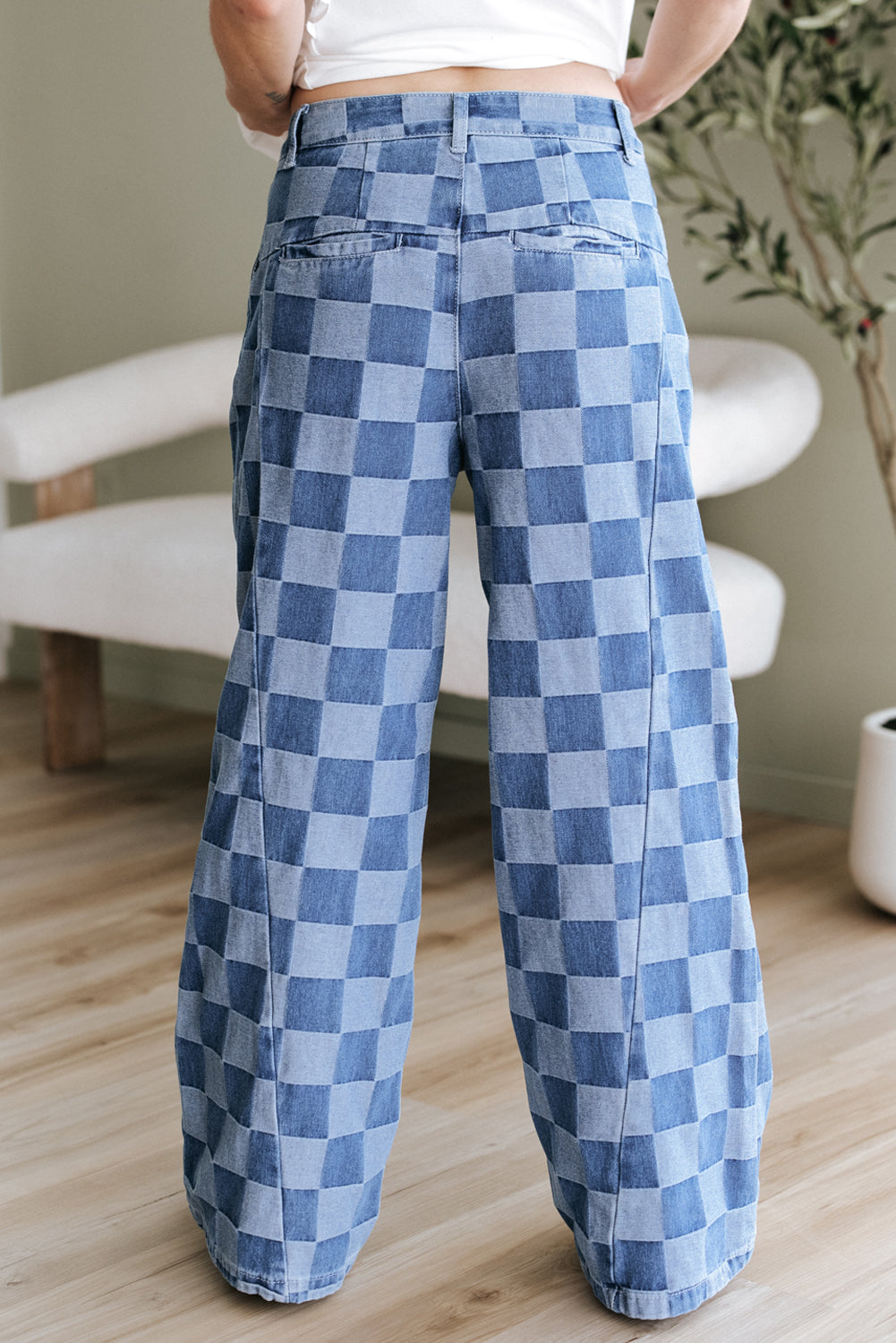 Dark Grey Checkered Denim Wide Leg Jeans eAura