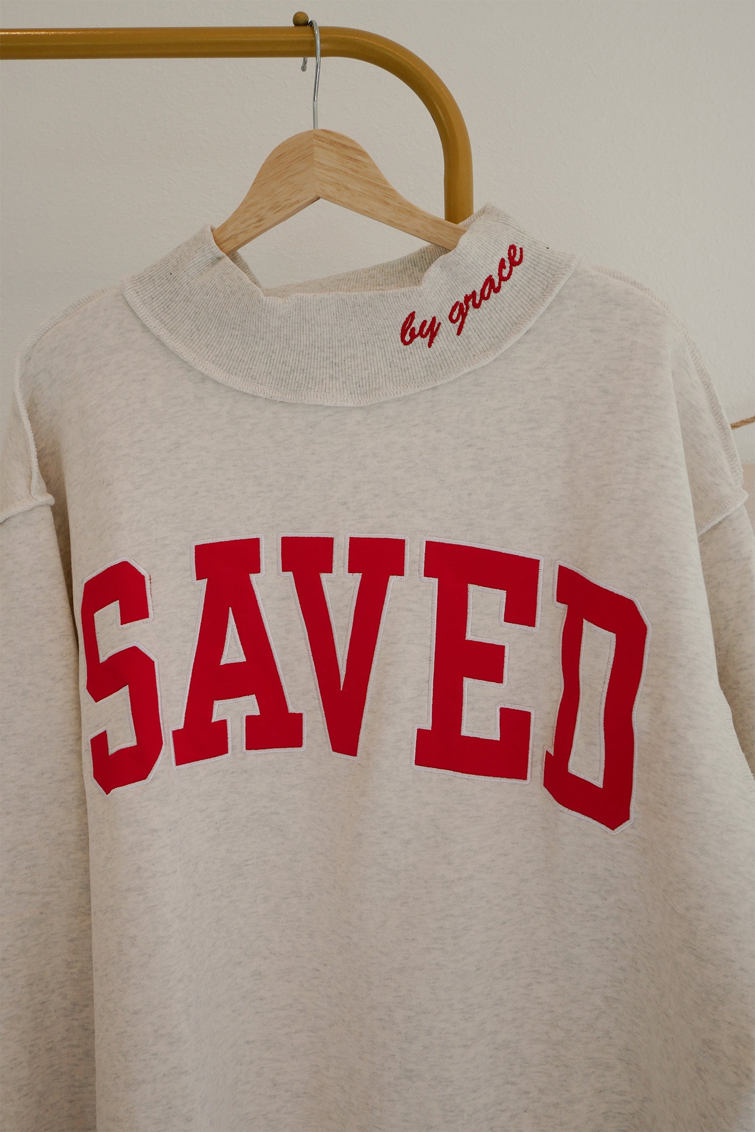 Saved By Grace Embroidered Detail Letter Graphic High Neck Sweatshirt – Gray