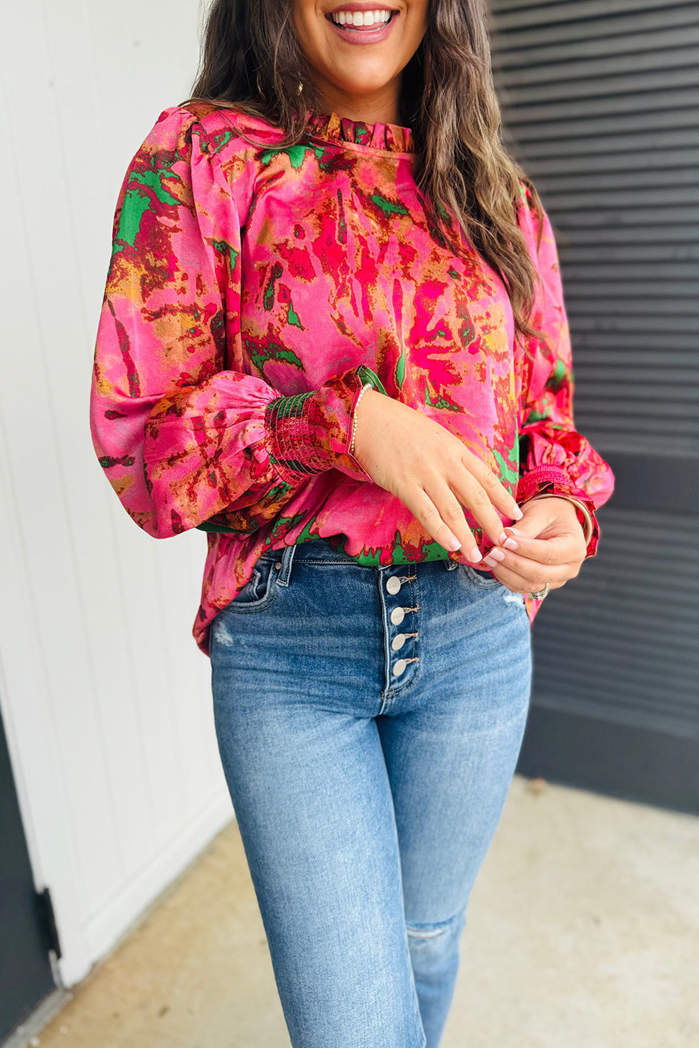 Rose Abstract Print Frilly Neckline Puff Sleeve Blouse eAura