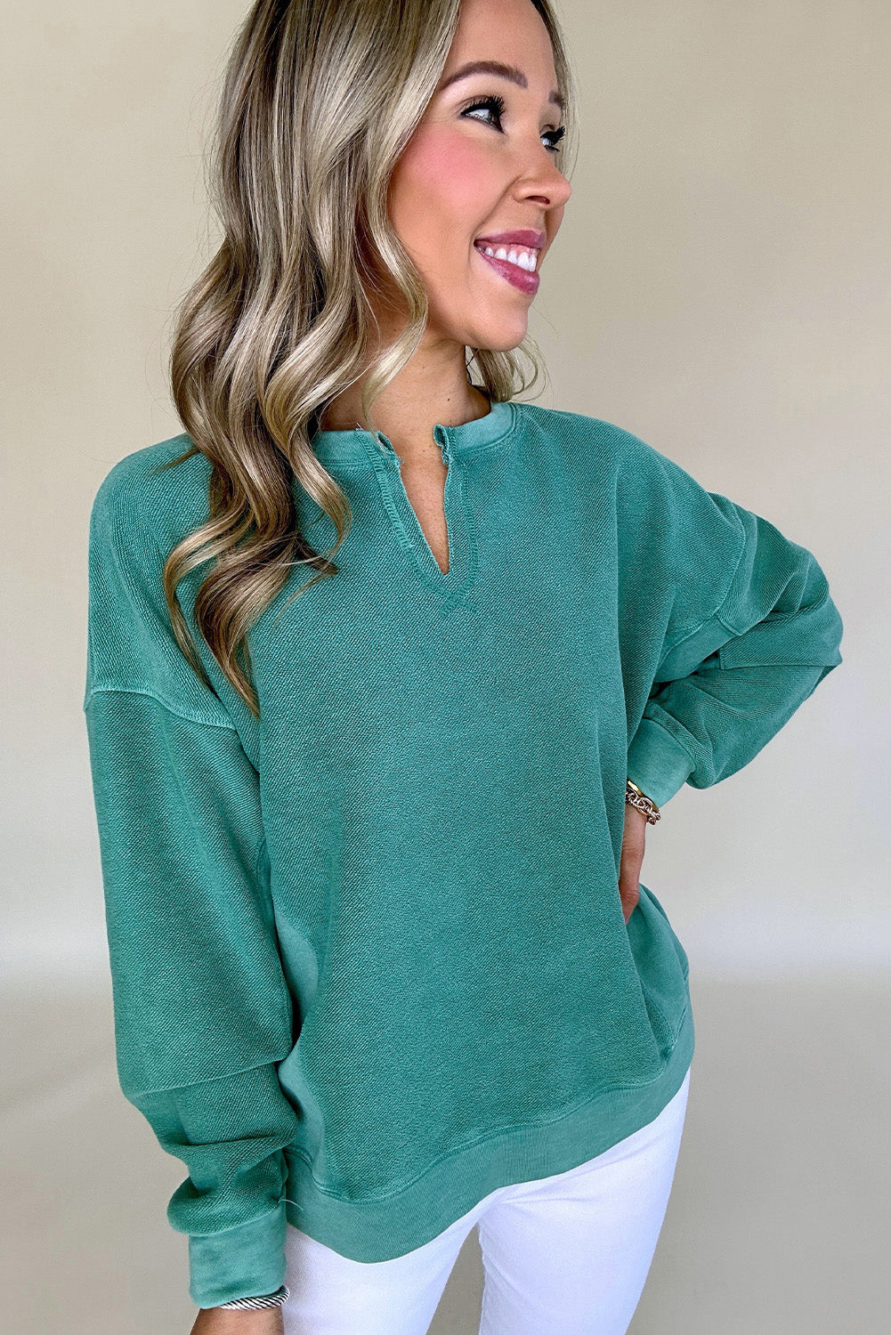 Skobeloff Solid Colour Notched Neck Drop Shoulder Sweatshirt eAura