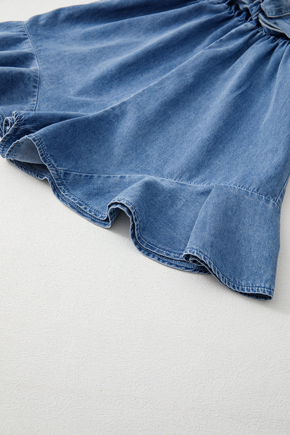 Ashleigh Blue Spaghetti Straps V Neck Belted Ruffled Leg Chambray Romper eAura