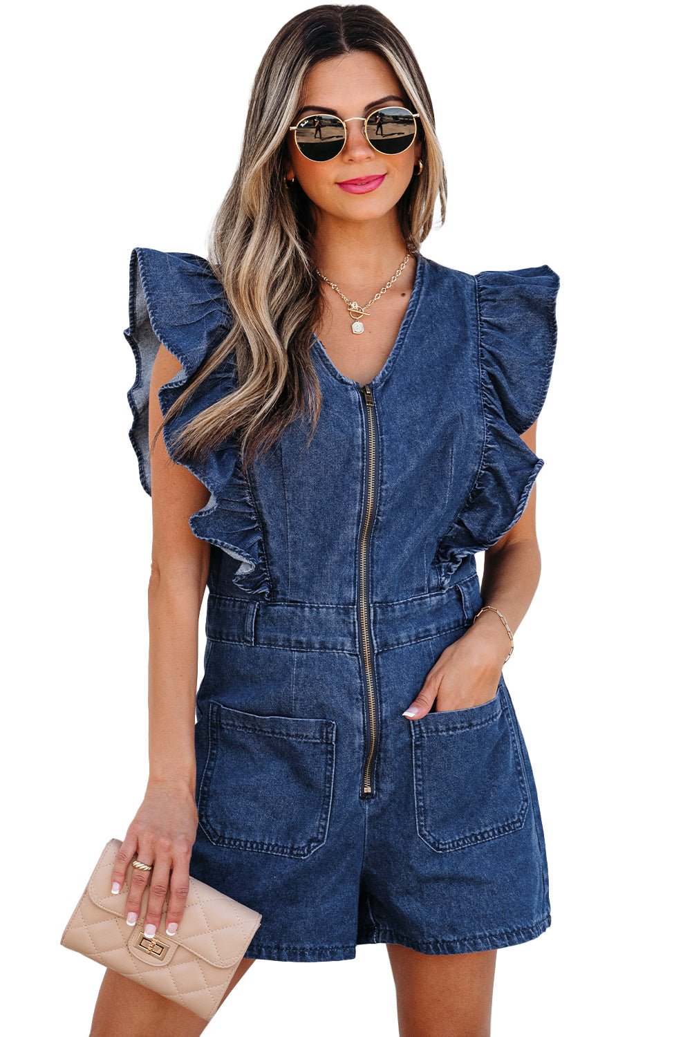 Sail Blue Denim Ruffled Zipped Front Belted Romper eAura