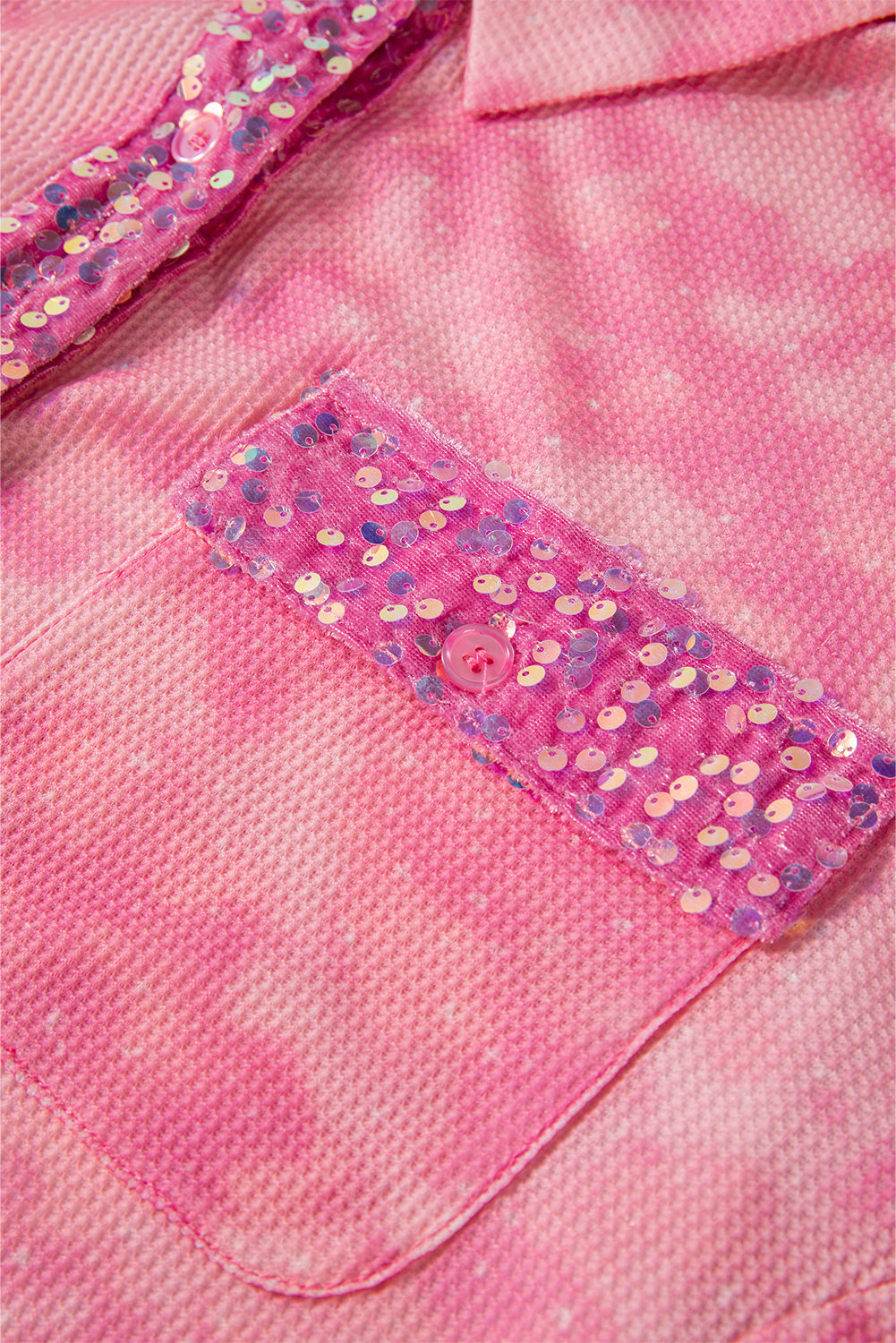 Apricot Pink Mineral Wash Sequin Patchwork Flap Pocket Shacket eAura