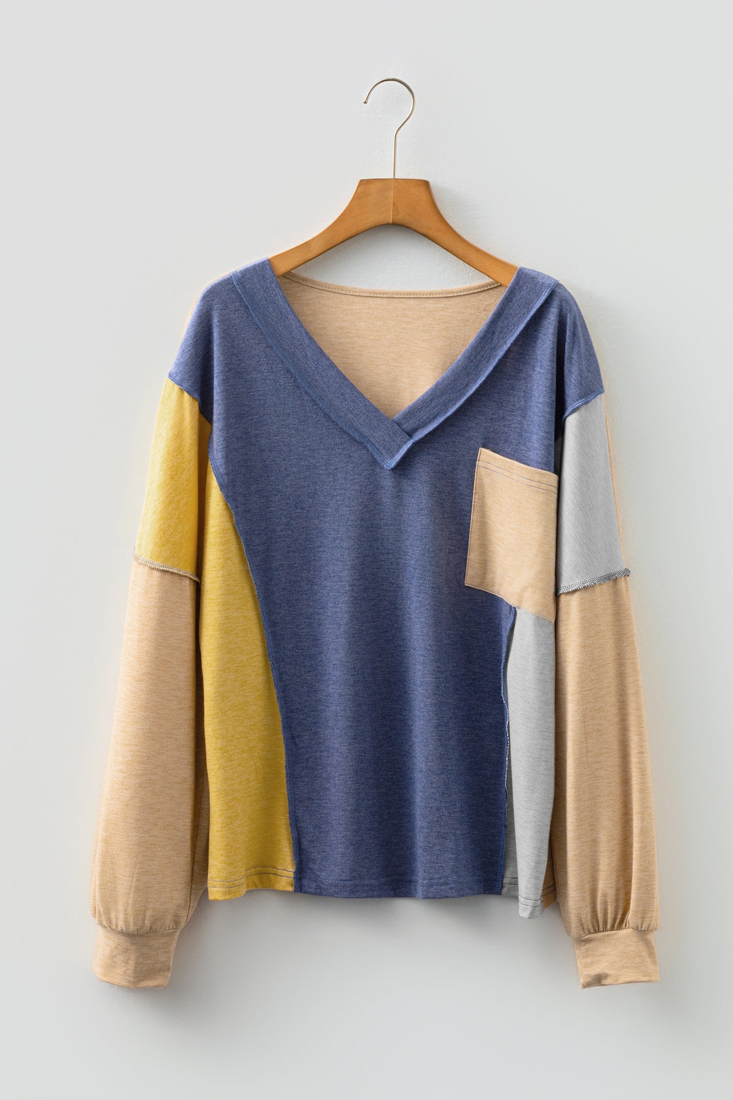 Exposed Stitching Colour-block V-Neck Long Sleeve Top - eAura