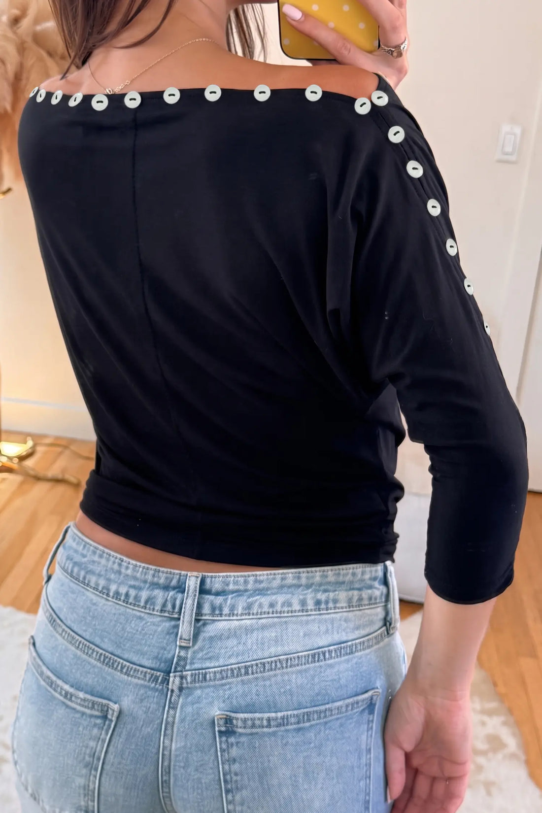 Off-Shoulder Top with 3/4 Sleeves and Button Detail