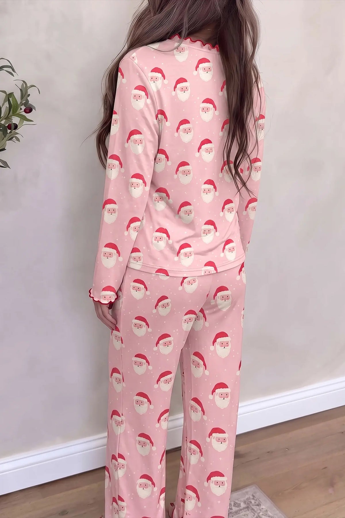 Lounge Set Santa Print Frilled Button Front Top and Pants