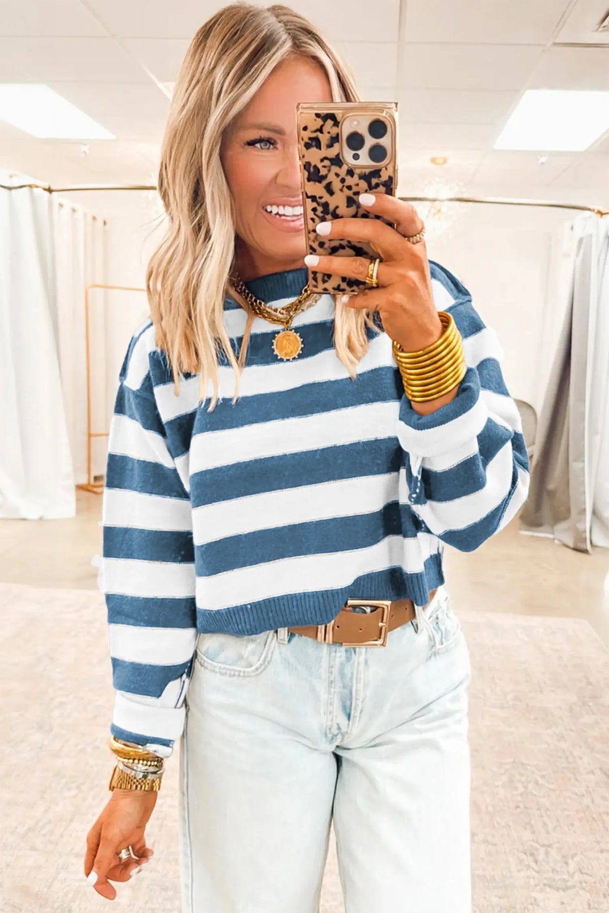 Exposed-Seam Striped Sweater – Brown & Blue