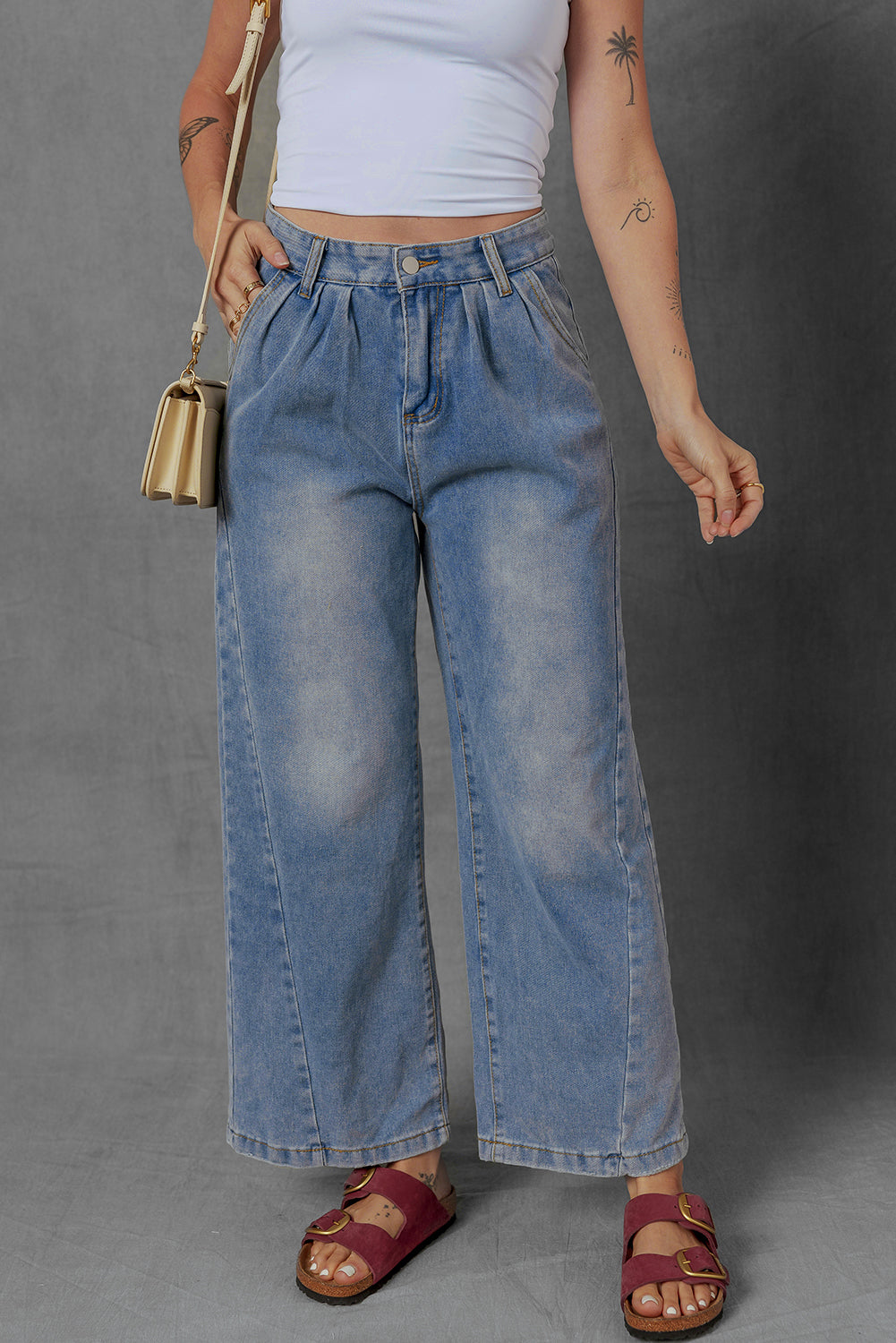 Ashleigh Blue Washed Pleated Detail Wide Leg Jeans - eAura