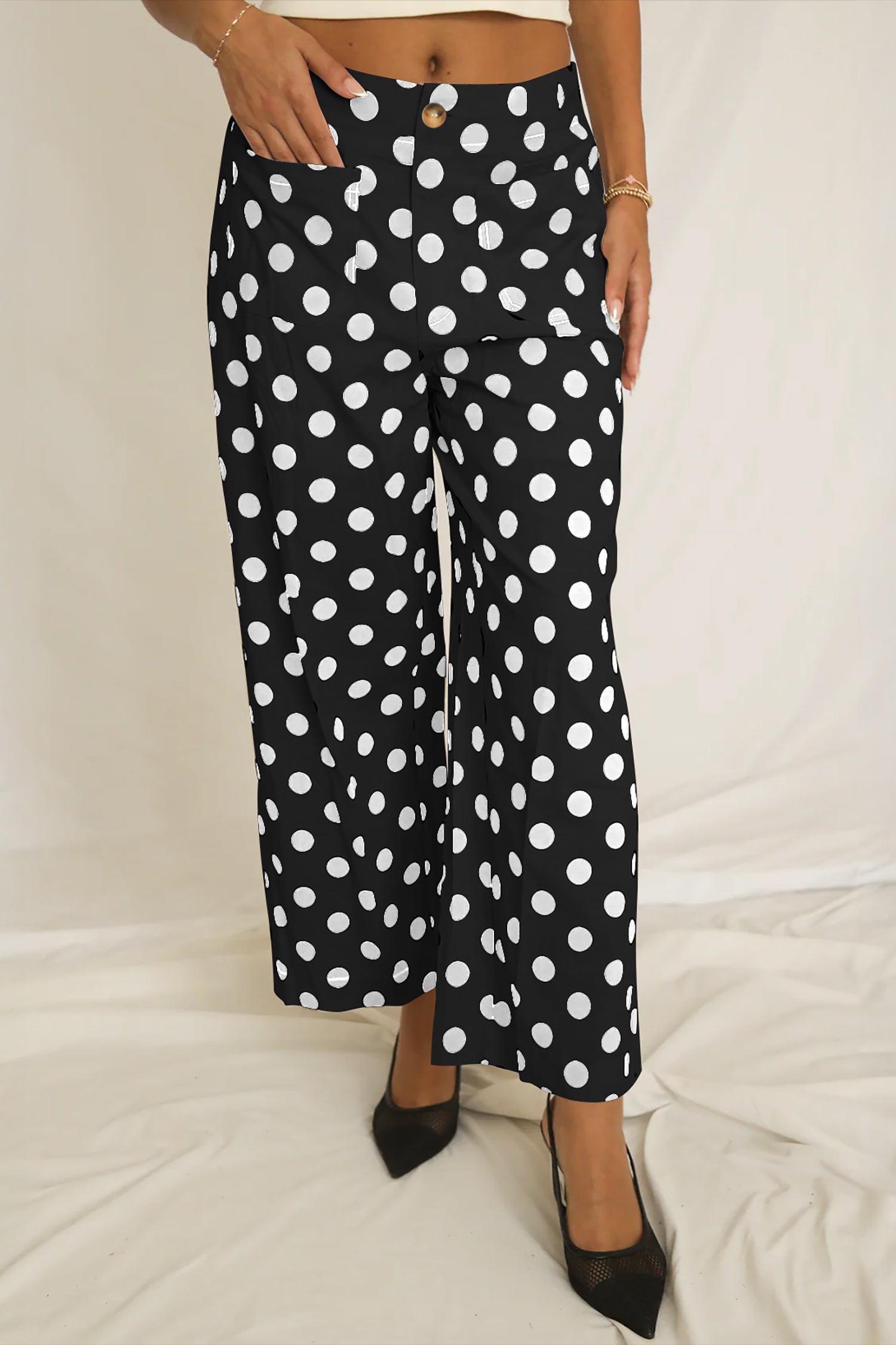 Sky Blue Polka Dot Print Patched Pocket Mid-rise Straight Leg Pants – Light Blue