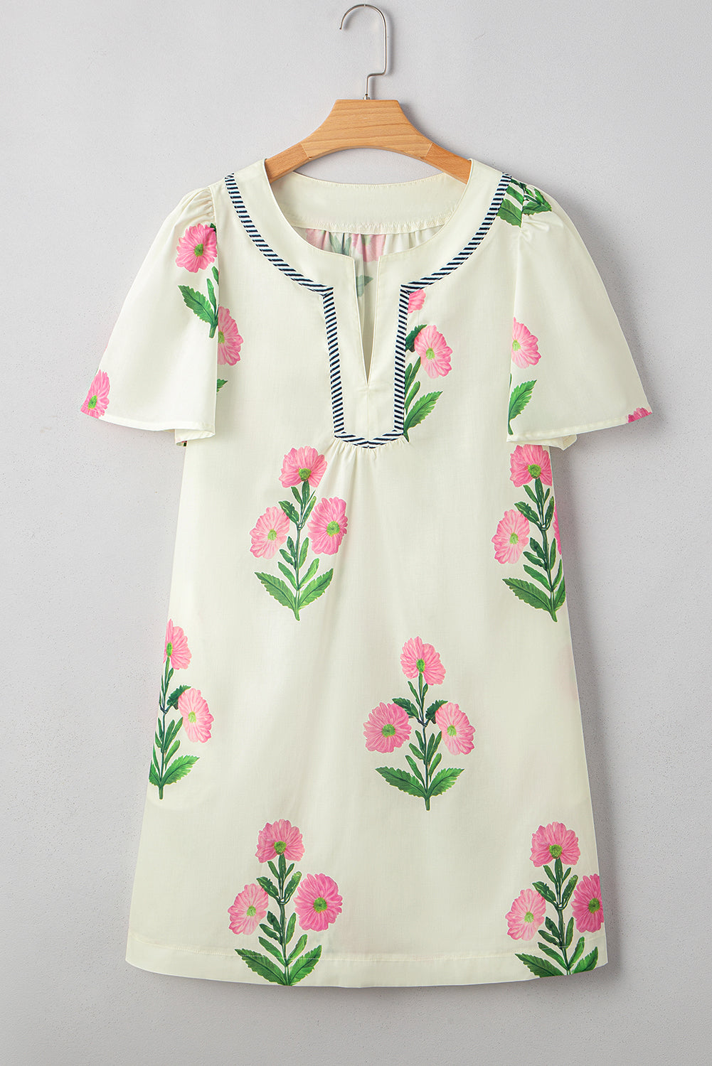 Floral Short Sleeve Split Neck Loose Mini Dress eAura