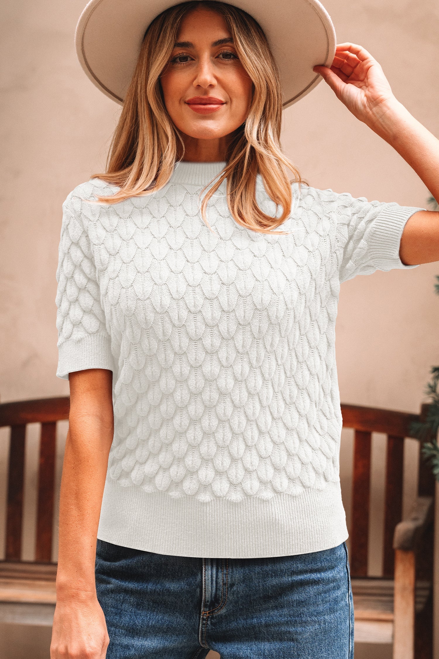 Fish Scale Textured Knit Ribbed High Neck Short Sleeve Sweater - eAura
