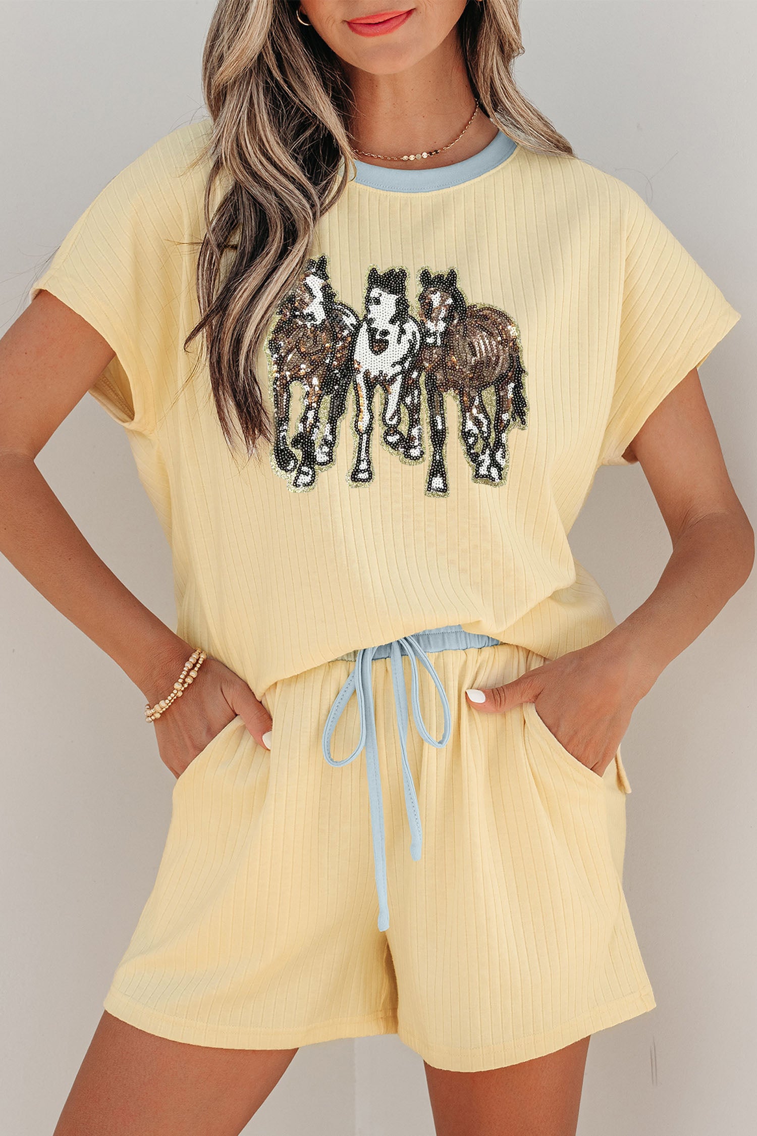Cream Ribbed Knit Two Piece Set Sequin Horse Patched Casual Short Set – Yellow