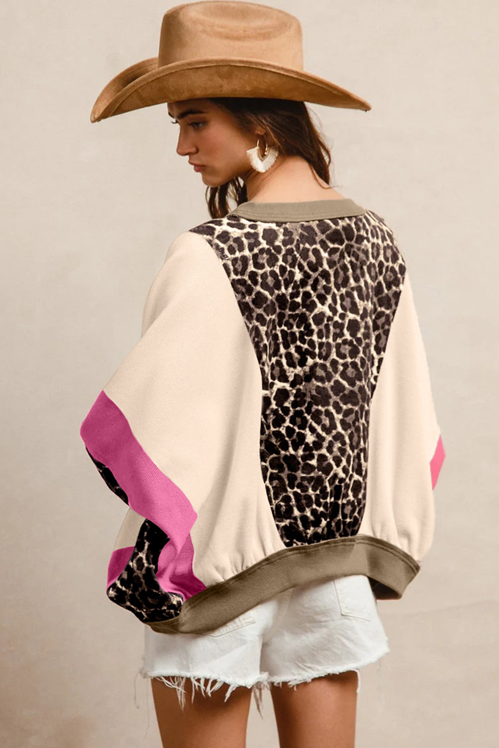 Leopard Print Colour Block 3/4 Sleeve Baggy Top - eAura