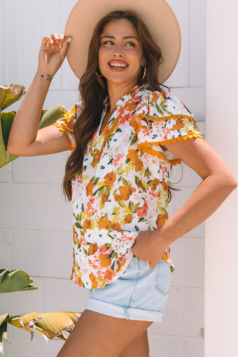 Russet Orange Ruffled V Neck Scalloped Short Sleeve Floral Blouse eAura