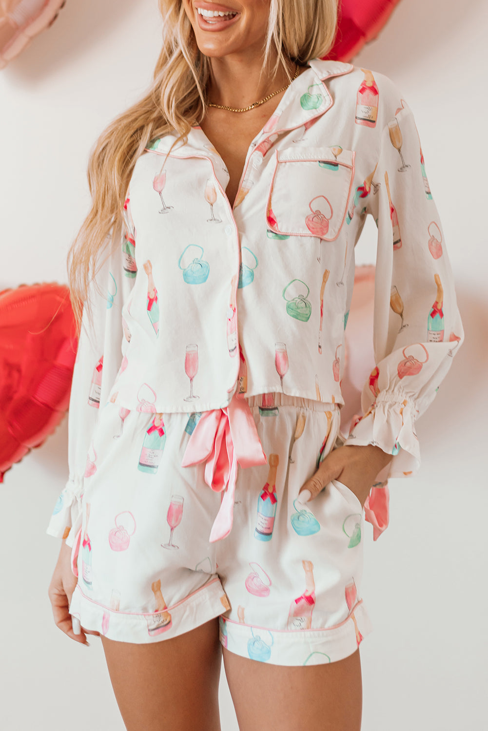 White Christmas Wine Glass Print Bow Knot Two Piece Pyjama Set - eAura