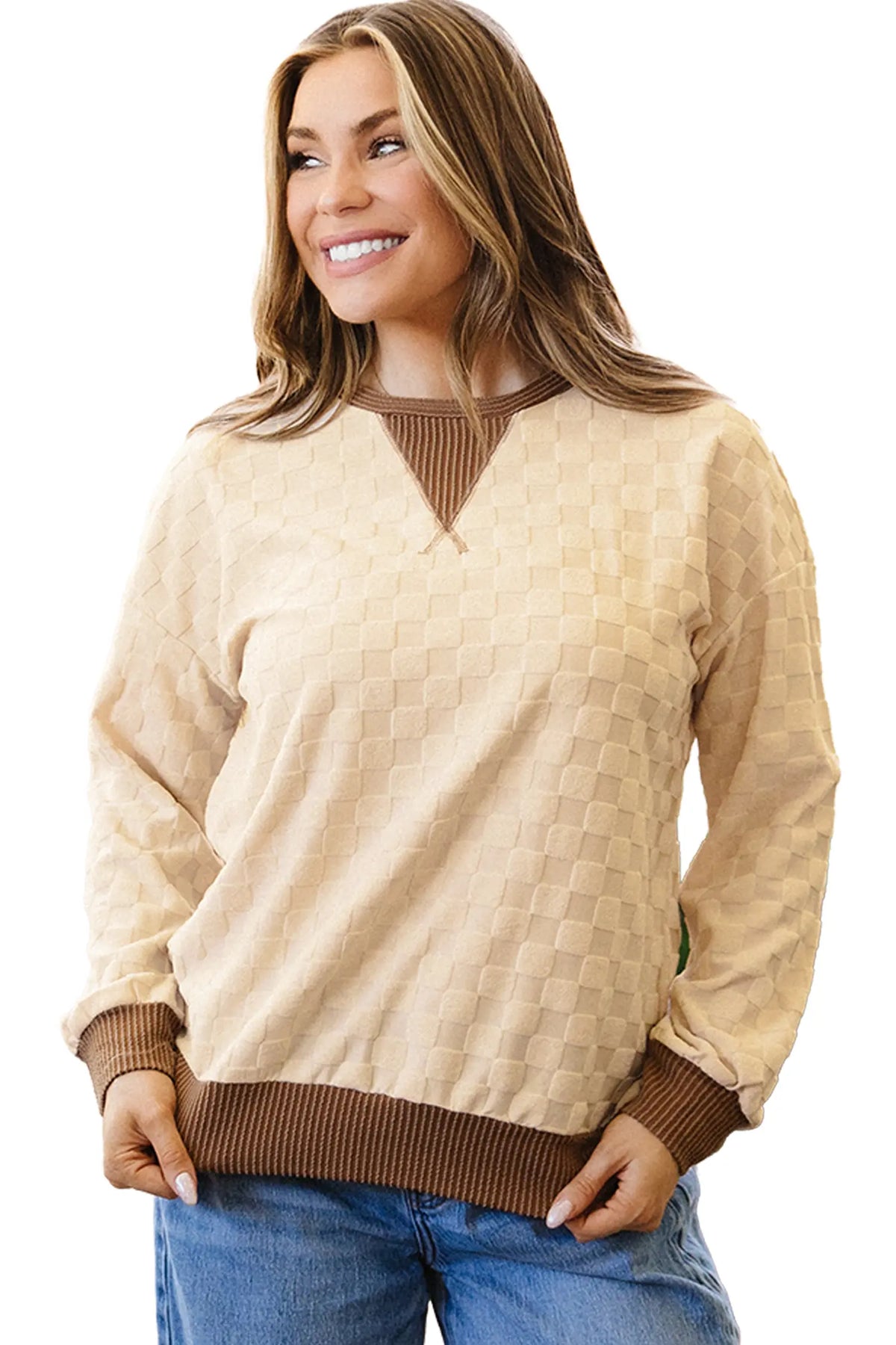 Plush Checkered Contrast Twisted Rib Long Sleeve Top – Parchment