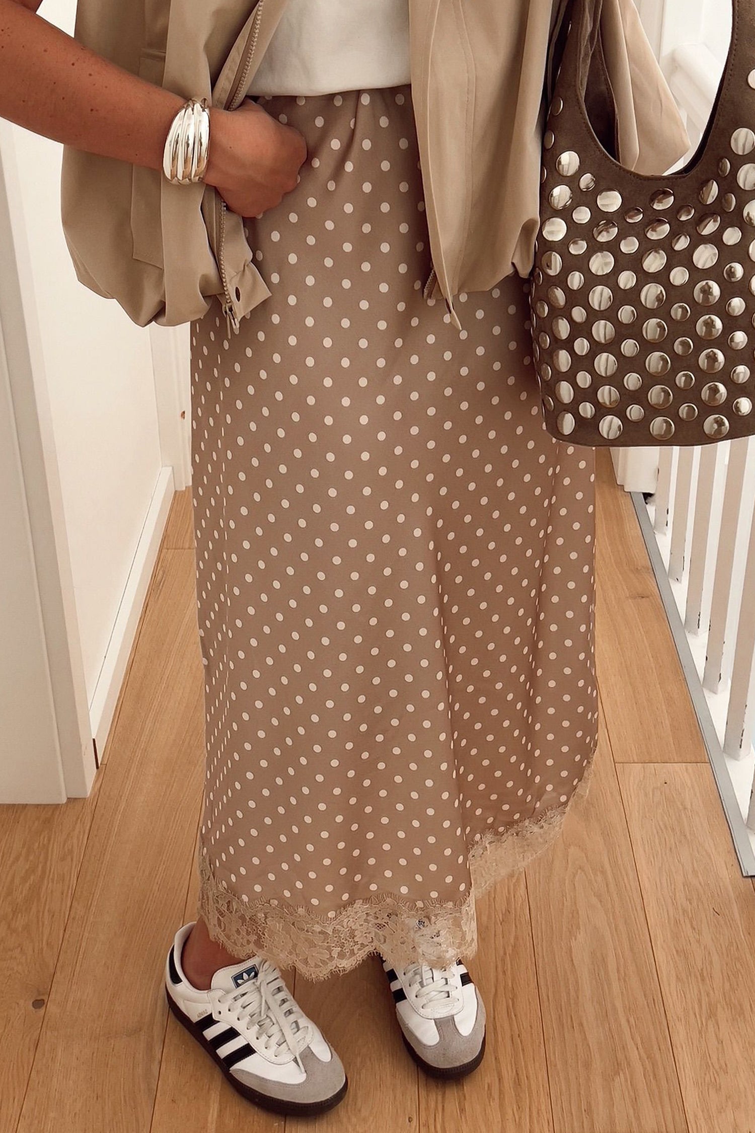 Polka Dot Lace Hem Elegant Long Shift Skirt – Khaki