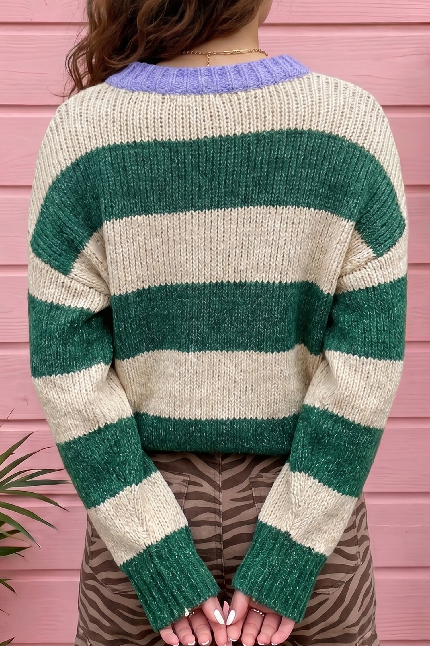 Striped Colorblock Drop Shoulder Pullover Sweater – Green Stripe