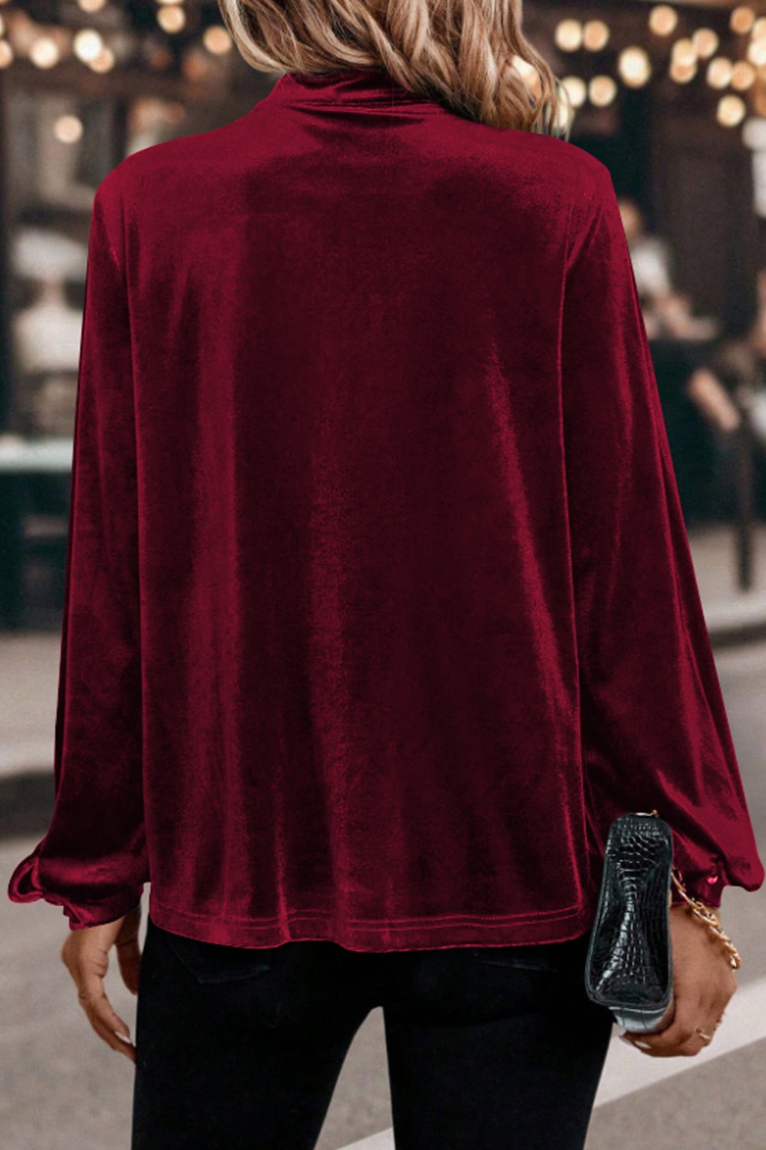 Asymmetric Button Keyhole Neck Long Sleeve Velvet Blouse - eAura