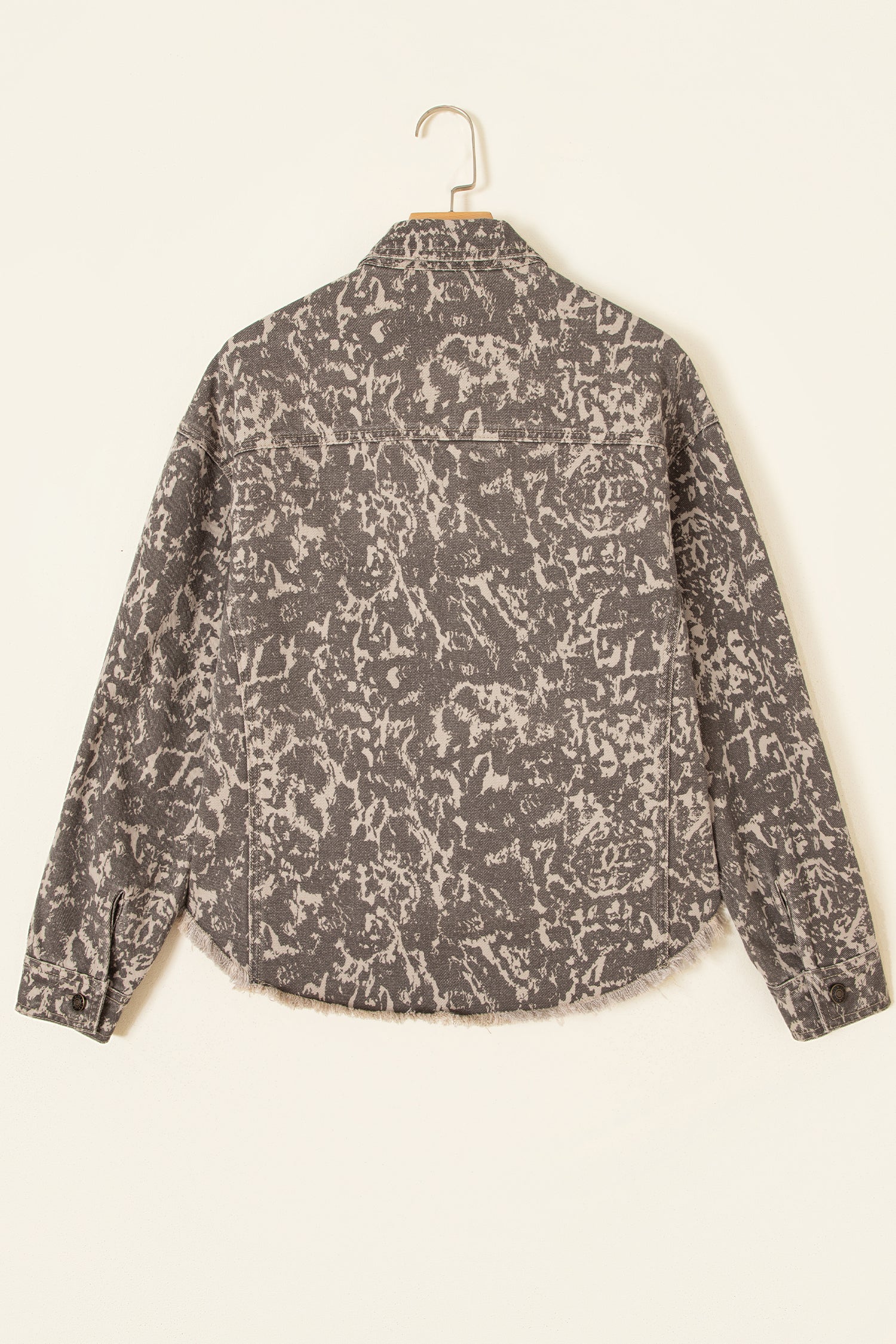 Abstract Print Long Sleeve Collar Raw Hem Denim Jacket – Khaki