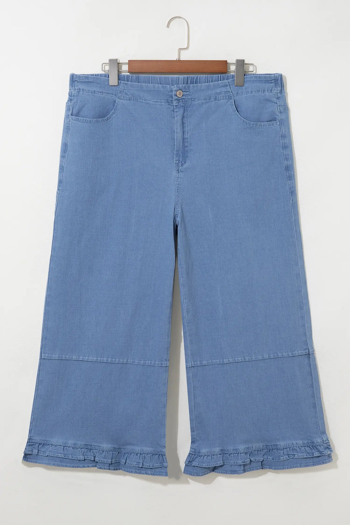 Ruffle Hem Wide Leg Full Length Plus Size Jeans – Light Blue