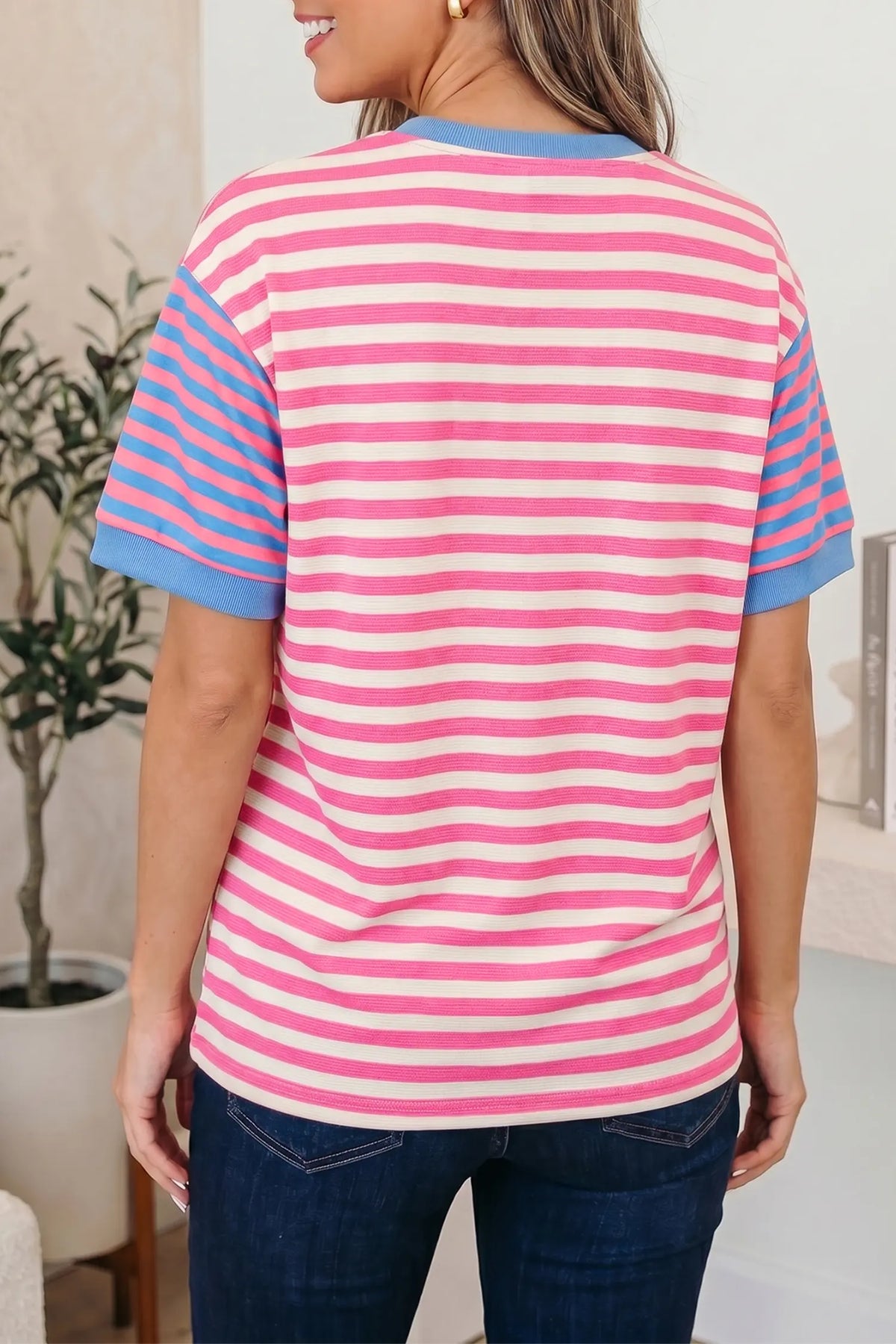 Contrast Patchwork Short Sleeve Loose Tee – Pink Stripe