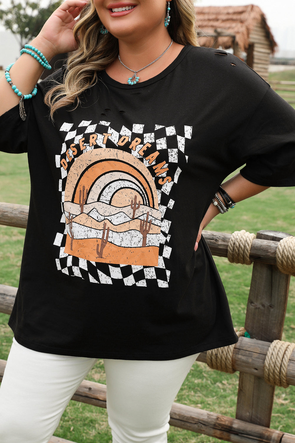 Black Checkerd DESERT DREAMS Printed Ripped Plus Size Tee BB Fashion Outlet