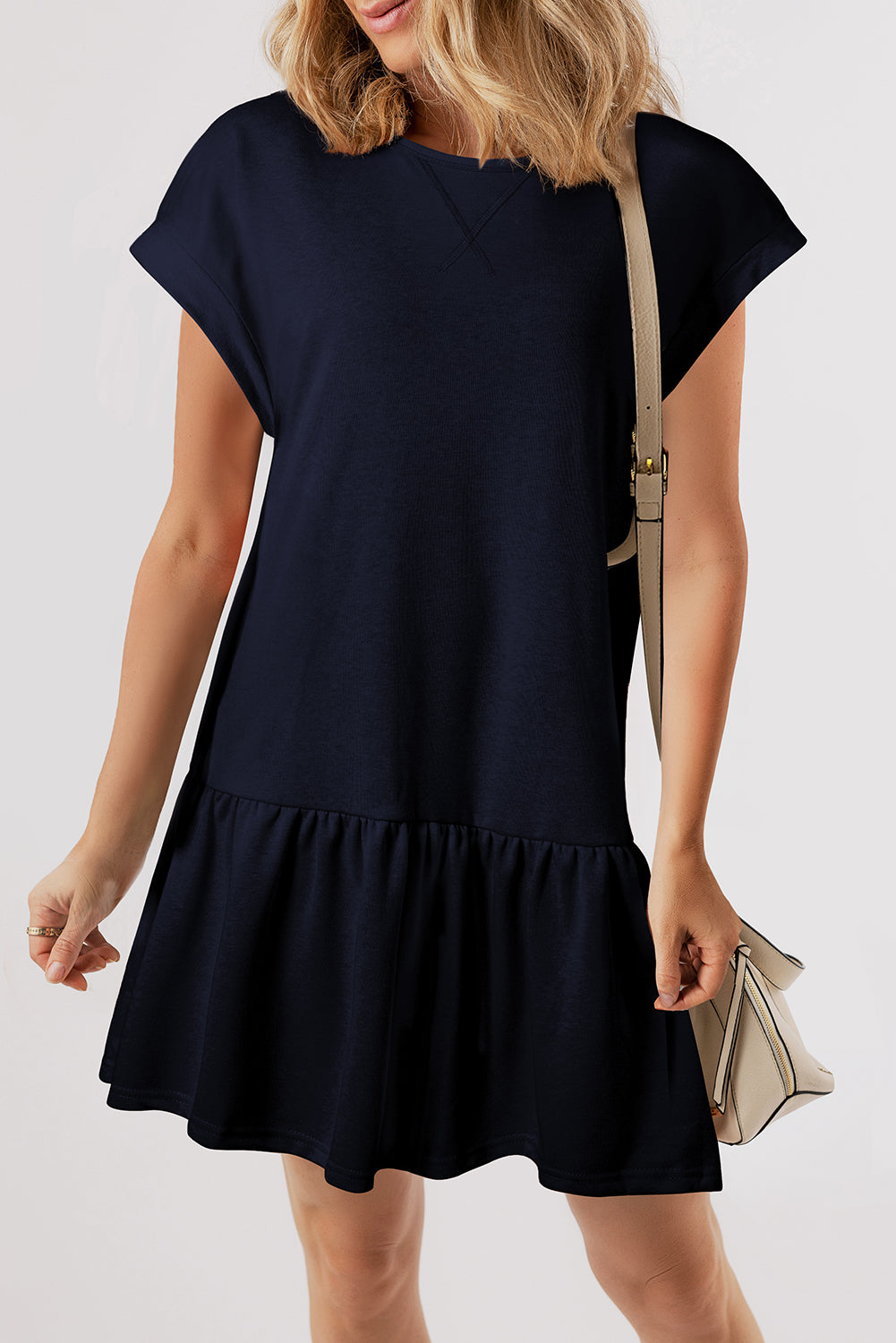 Solid Color Cap Sleeve Ruffle Hem Casual Short Dress – Navy Blue