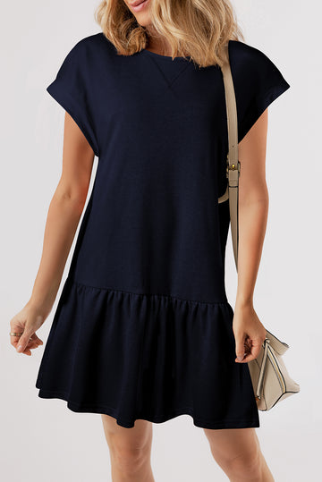 Solid Color Cap Sleeve Ruffle Hem Casual Short Dress – Navy Blue