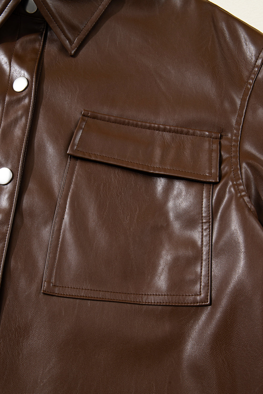 Brown Double Flap Pocket Drawstring Hem Leather Jacket eAura