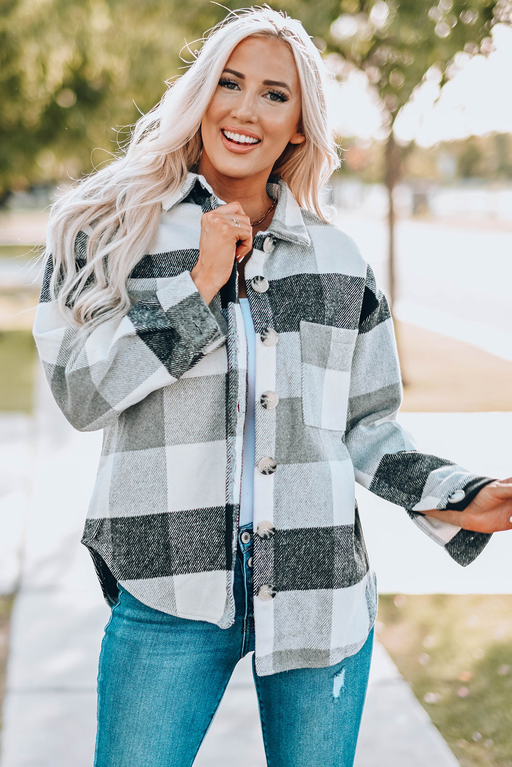 Khaki Plaid Colour Block Buttoned Long Sleeve Jacket with Pocket Beagle Boutique Fashion Outlet