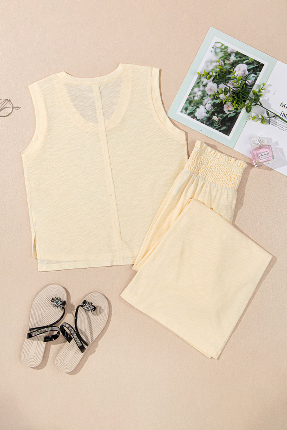 Beige Semi-Sheer Sleeveless Top and Smocked Waist Trousers Set Co-ord eAura