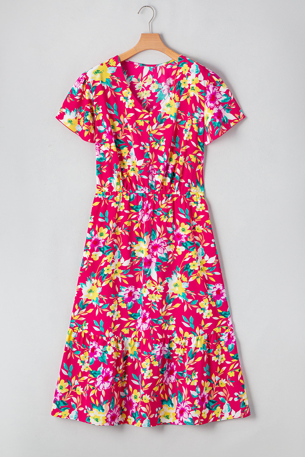 Pink Floral Print V Neck Pocketed High Waist Plus Size Midi Dress BB Fashion Outlet