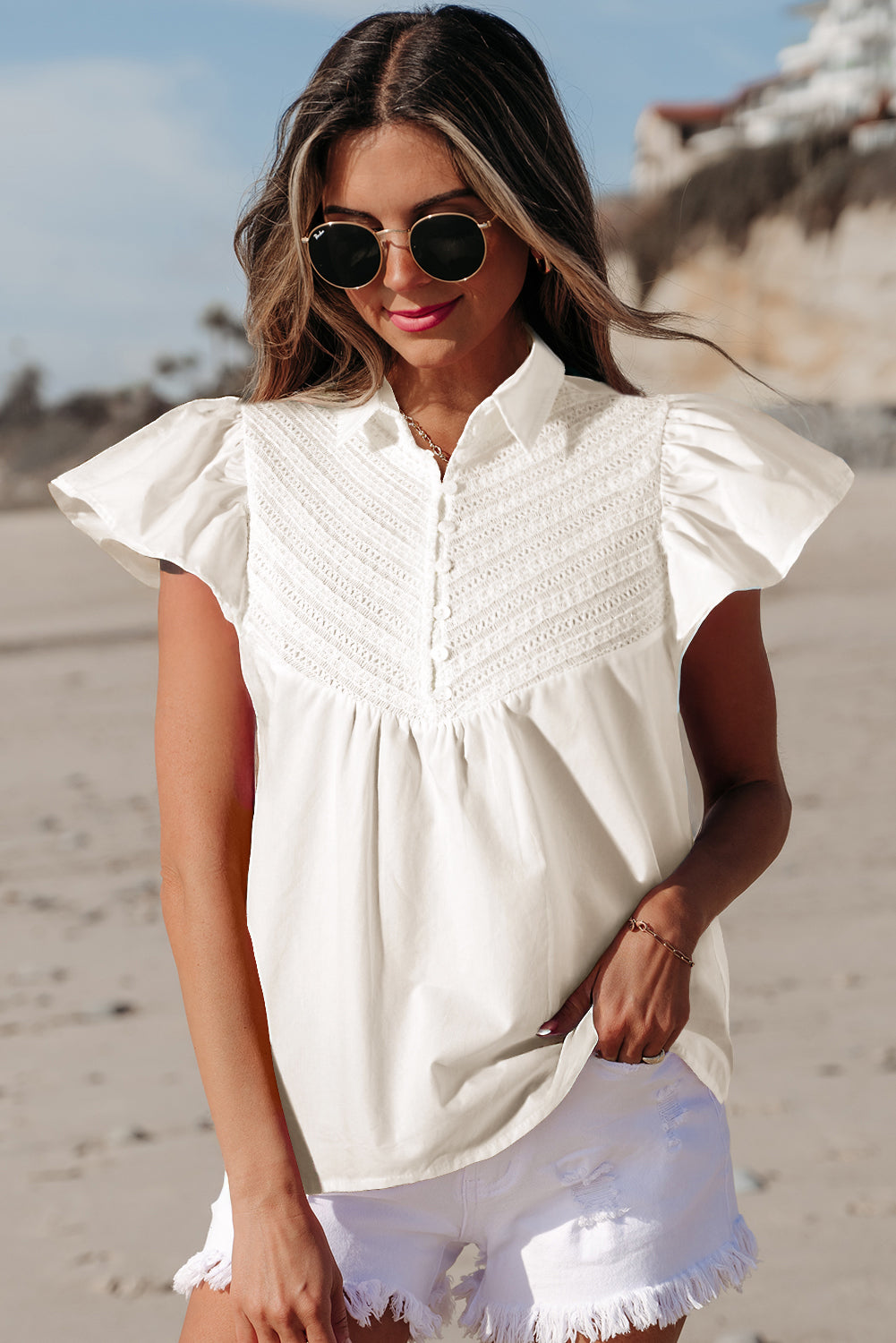 White Half Button Lace Patchwork Flutter Sleeve Blouse eAura