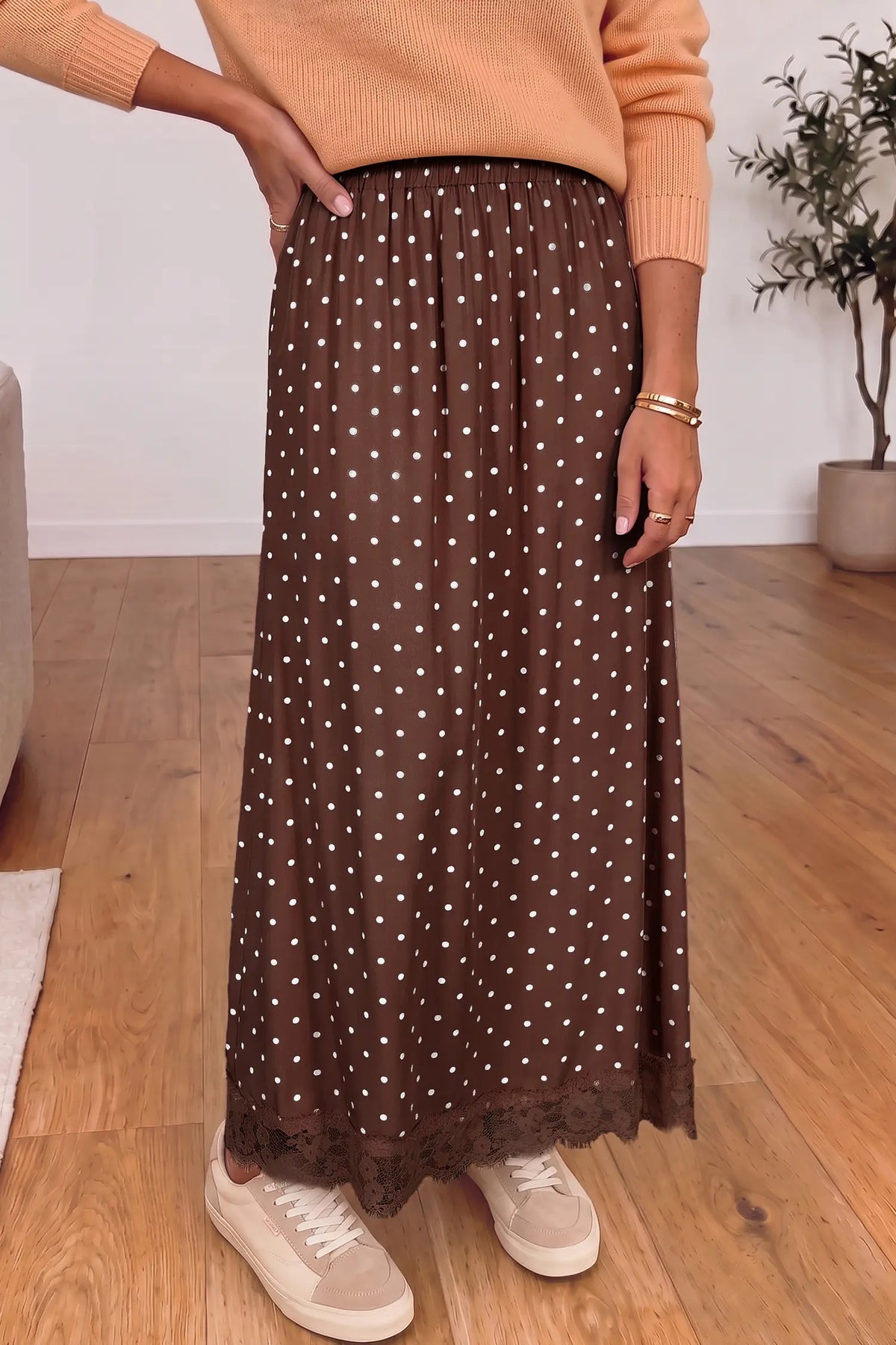 Polka Dot Lace Hem Elegant Long Shift Skirt – Khaki