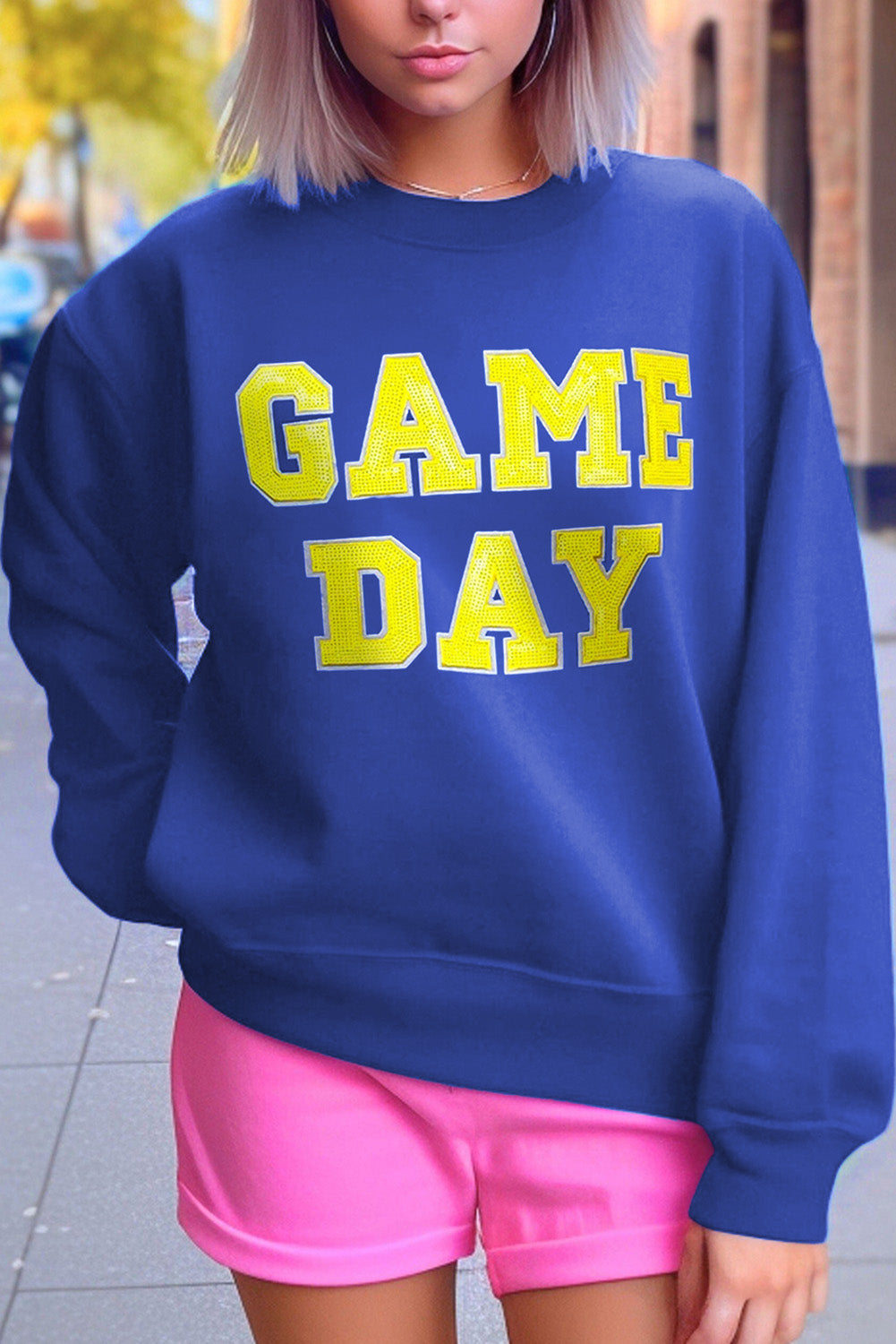Dark Blue Game Day Crew Neck Graphic Pullover Sweatshirt eAura