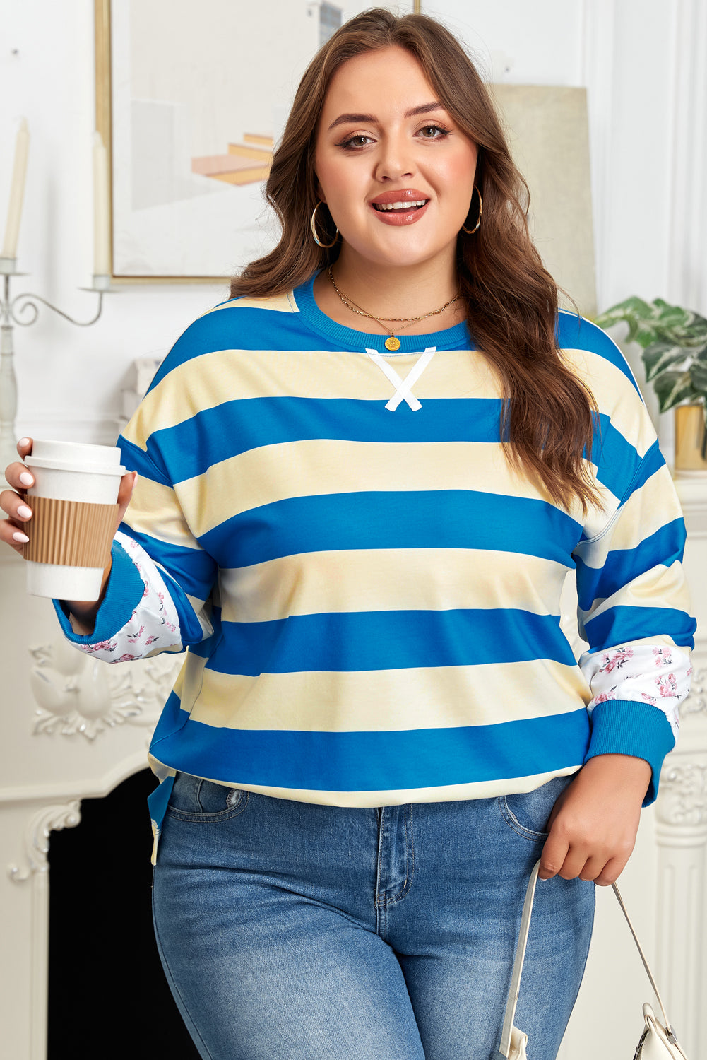 Blue Stripe Floral Color Block Drop Shoulder Plus Size Pullover Top - 1X - Size/Plus Sweatshirts & Hoodies