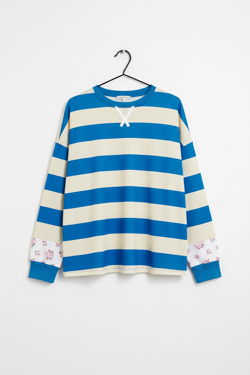 Blue Stripe Floral Color Block Drop Shoulder Plus Size Pullover Top - Size/Plus Sweatshirts & Hoodies