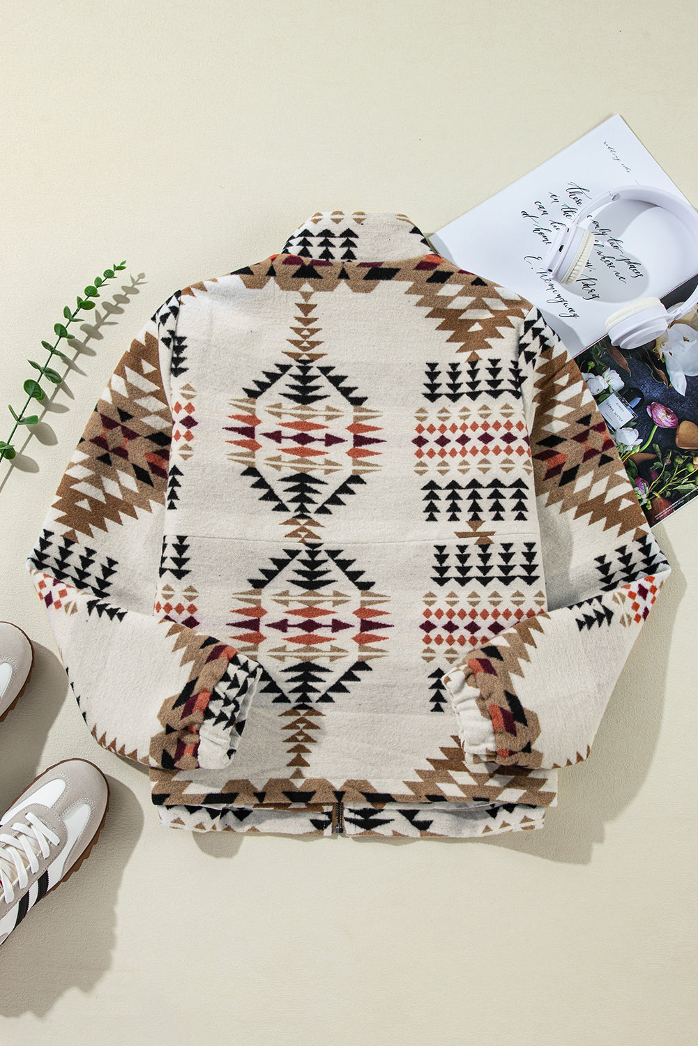 Beige Aztec Printed Stand Neck Zip Up Jacket eAura