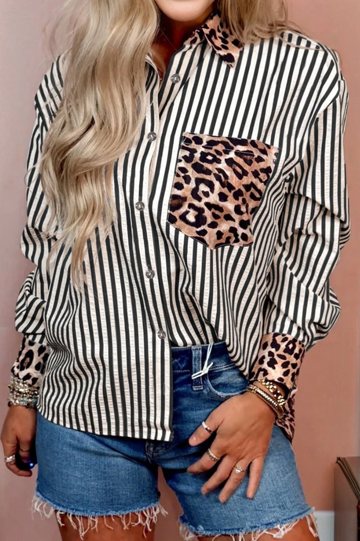 Striped Leopard Print Patchwork Button Up Shirt - eAura