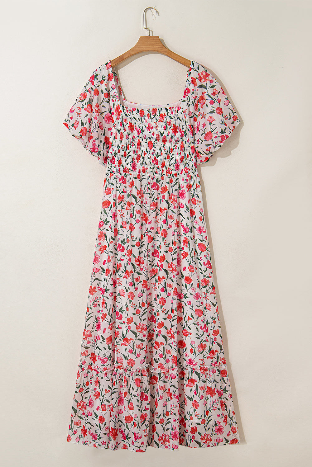 Pink Plus Size Floral Square Neck Puff Sleeve Ruffle Maxi Dress BB Fashion Outlet