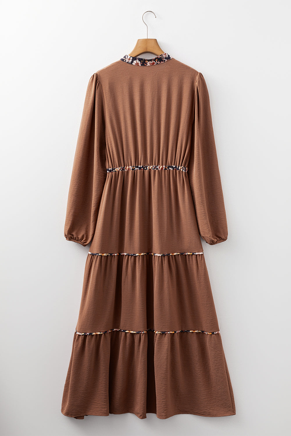 Floral Patchwork Detail Notched Neck Long Sleeve Maxi Dress - eAura