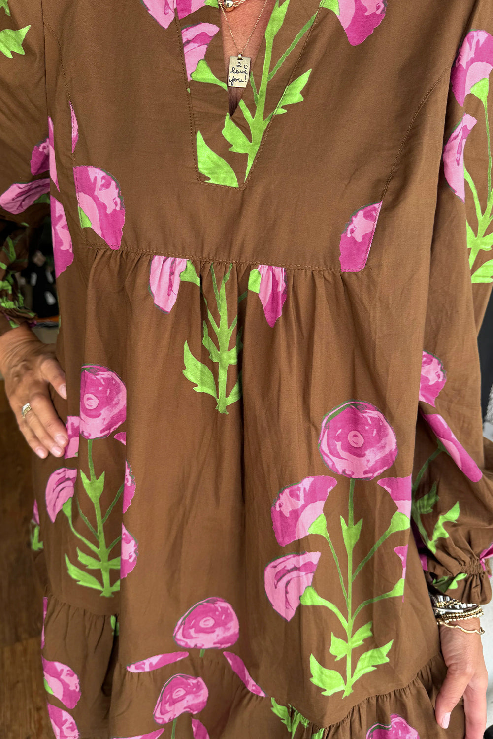 Brown Contrast Floral Print Babydoll Tunic Ruffled Hem Puff Sleeve Dress - eAura