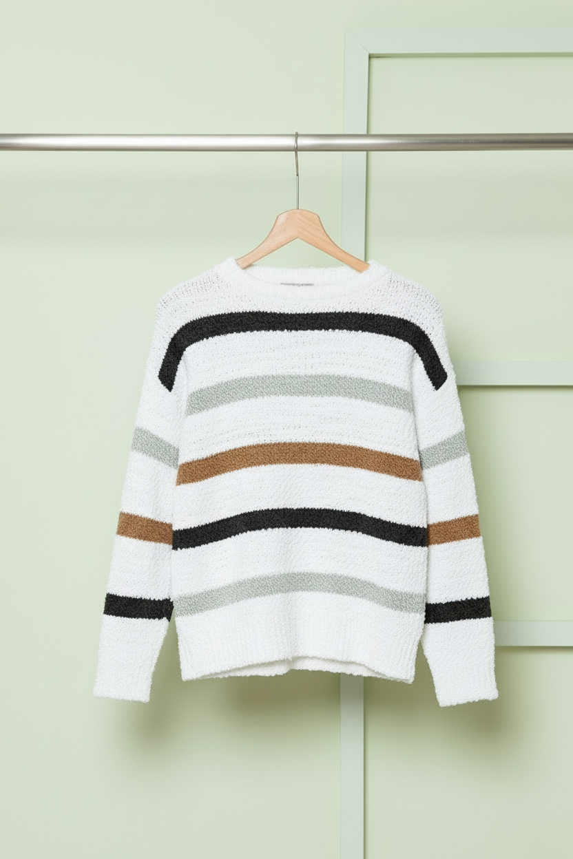 Multicolour Stripe Print Popcorn Drop Shoulder Sweater - eAura
