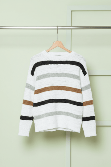 Multicolour Stripe Print Popcorn Drop Shoulder Sweater - Sweaters & Cardigans/Sweaters