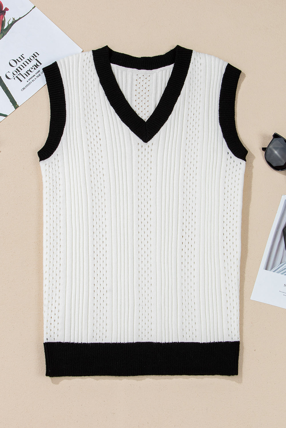 White Contrast Trim Eyelet Knit Colourblock V Neck Sweater Vest eAura
