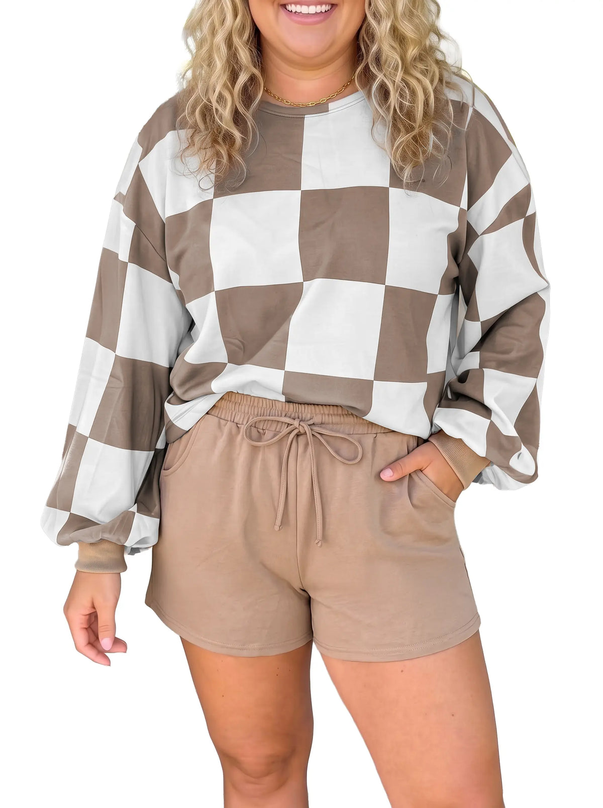 Checkered Contrast Long Sleeve Top Solid Shorts Plus Size 2pcs Set – Khaki