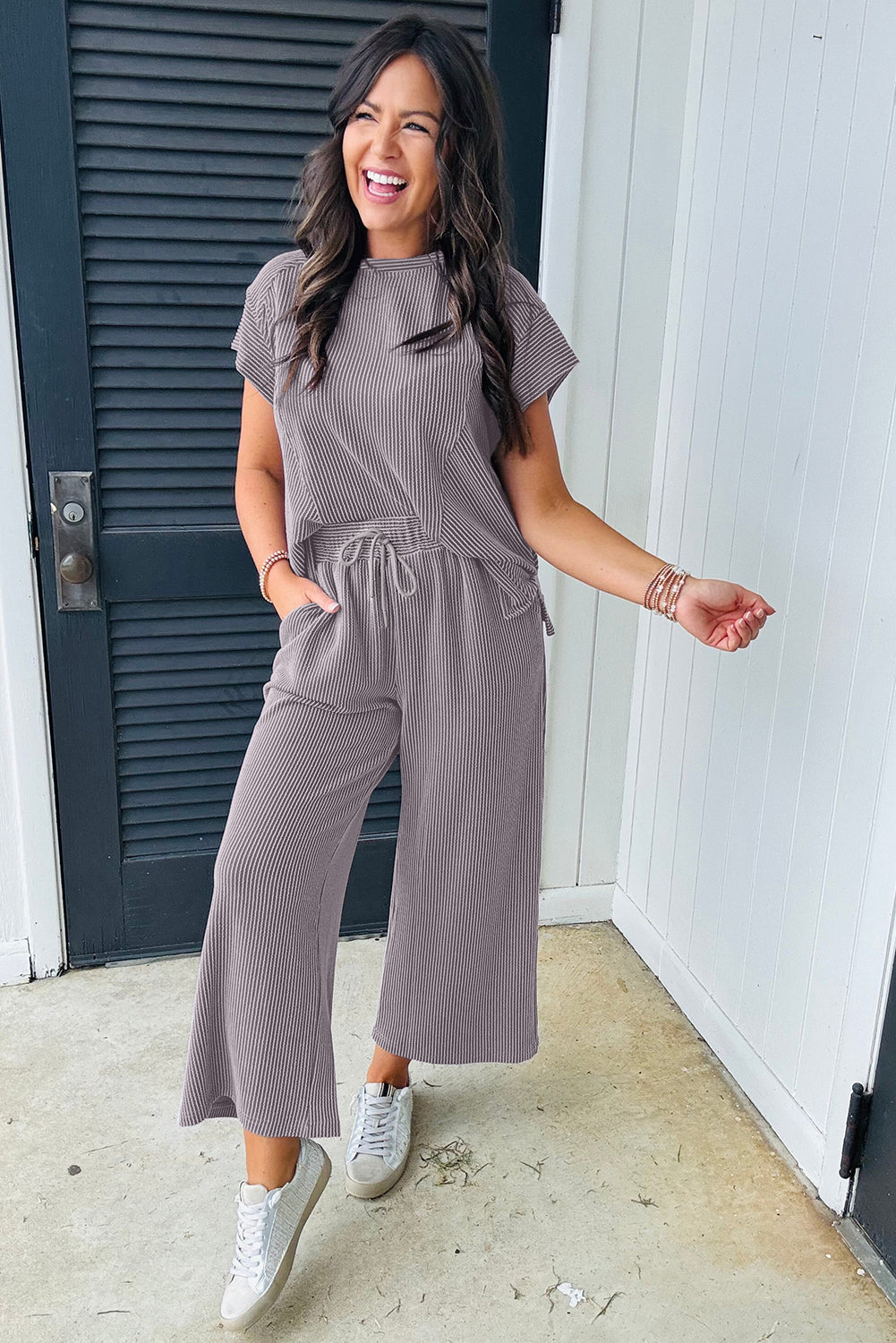 Bright Pink Solid Ribbed Knit Short Sleeve T Shirt and Wide Leg Trousers Set eAura
