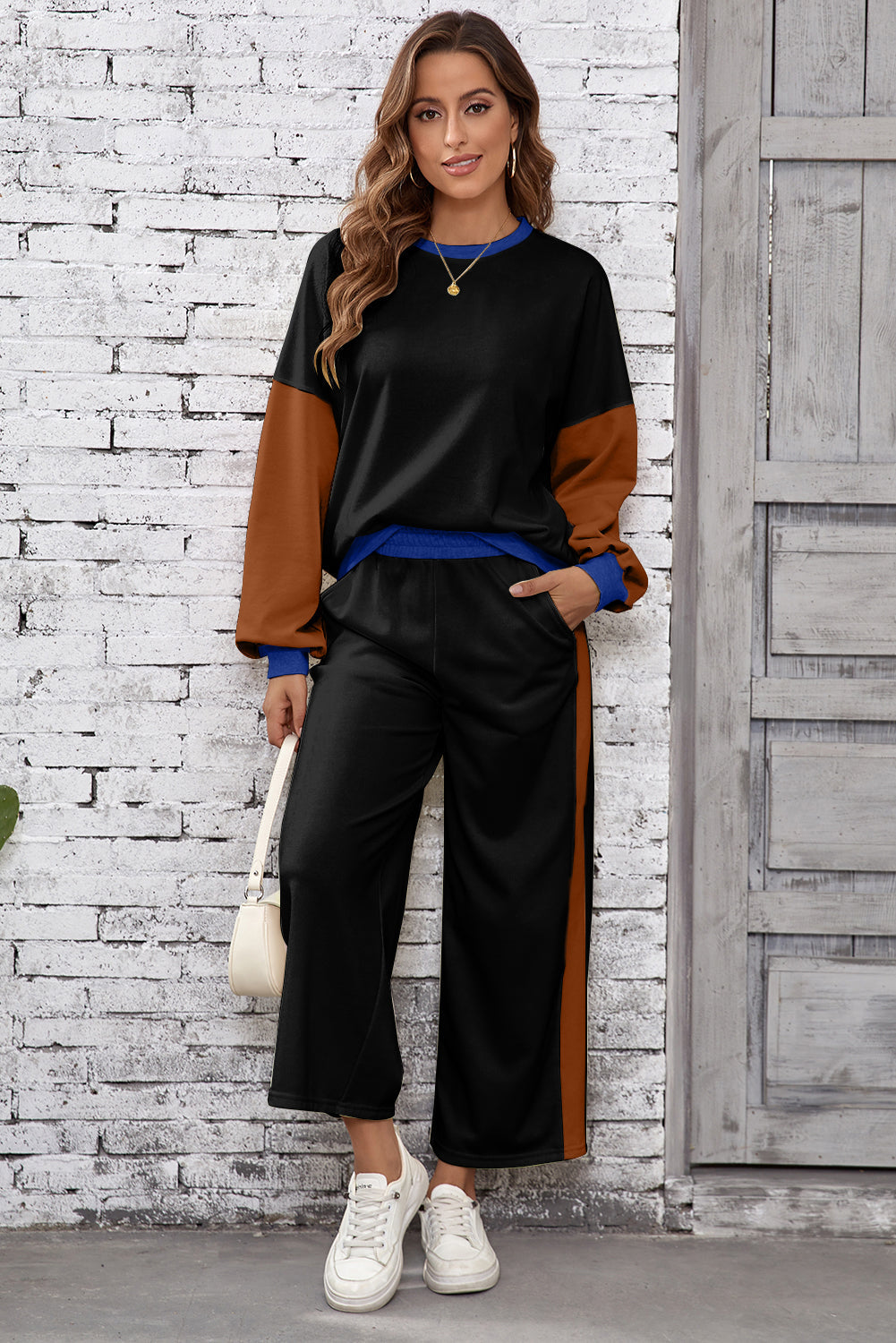 Chestnut 2pcs Color Block Pullover Loose Pant Set Dear-Lover Dropshipping